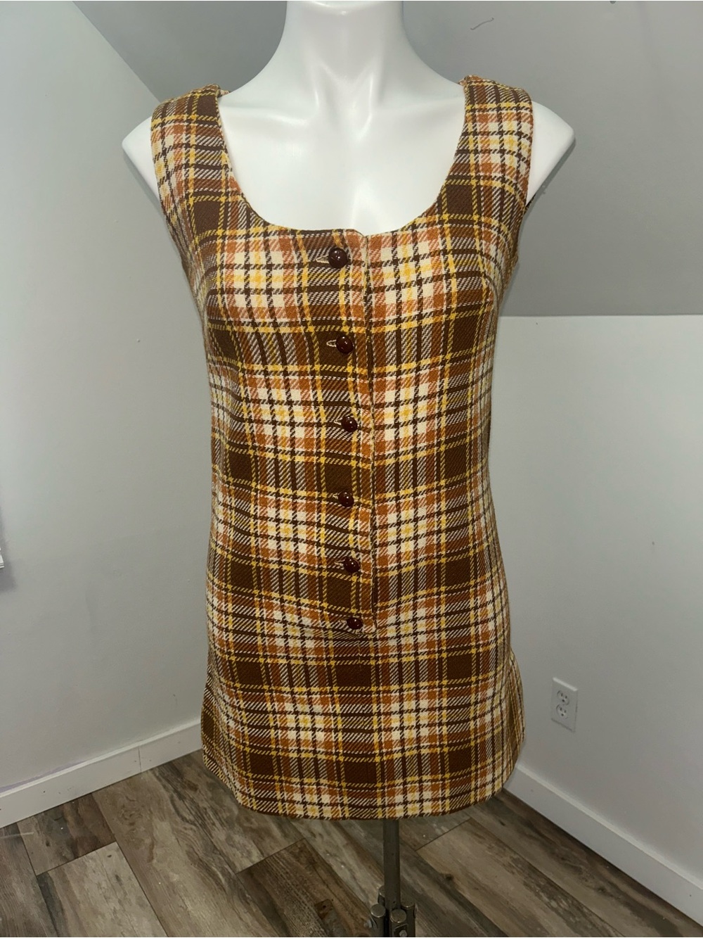 Vintage 60s Mod Plaid Shift Minidress Twiggy Brown XS Bust 32